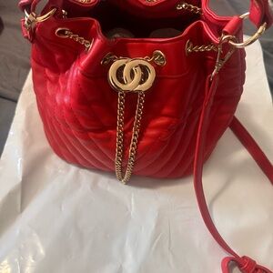 Red Quilted Chain Bucket Bag